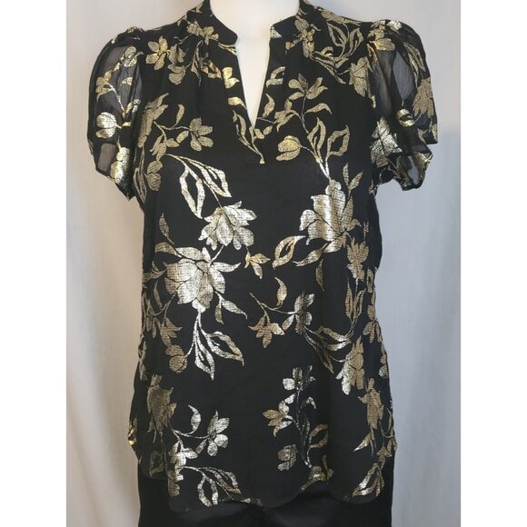 Haver & Blair London Blouse Size Small Black & Gold Floral Short Sleeve NWOT - Picture 1 of 4
